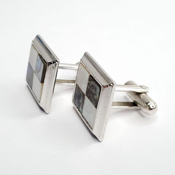 Vintage MOP Mother of Pearl Abalone Shell Cuff Links Checkerboard Geometric - Picture 2 of 3